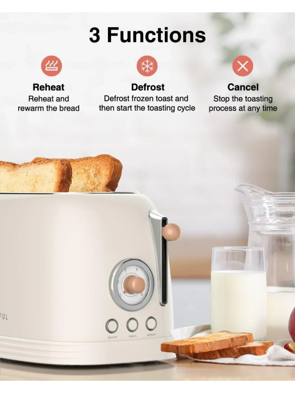 2-Slice Cream Retro Stainless Steel with Bagel Wide Slots Defrost Toaster